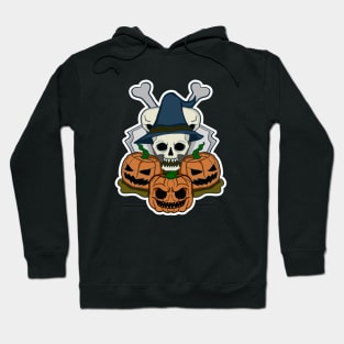 Halloween : Skull with Hat Wizard and Pumpkin Emoji Hoodie